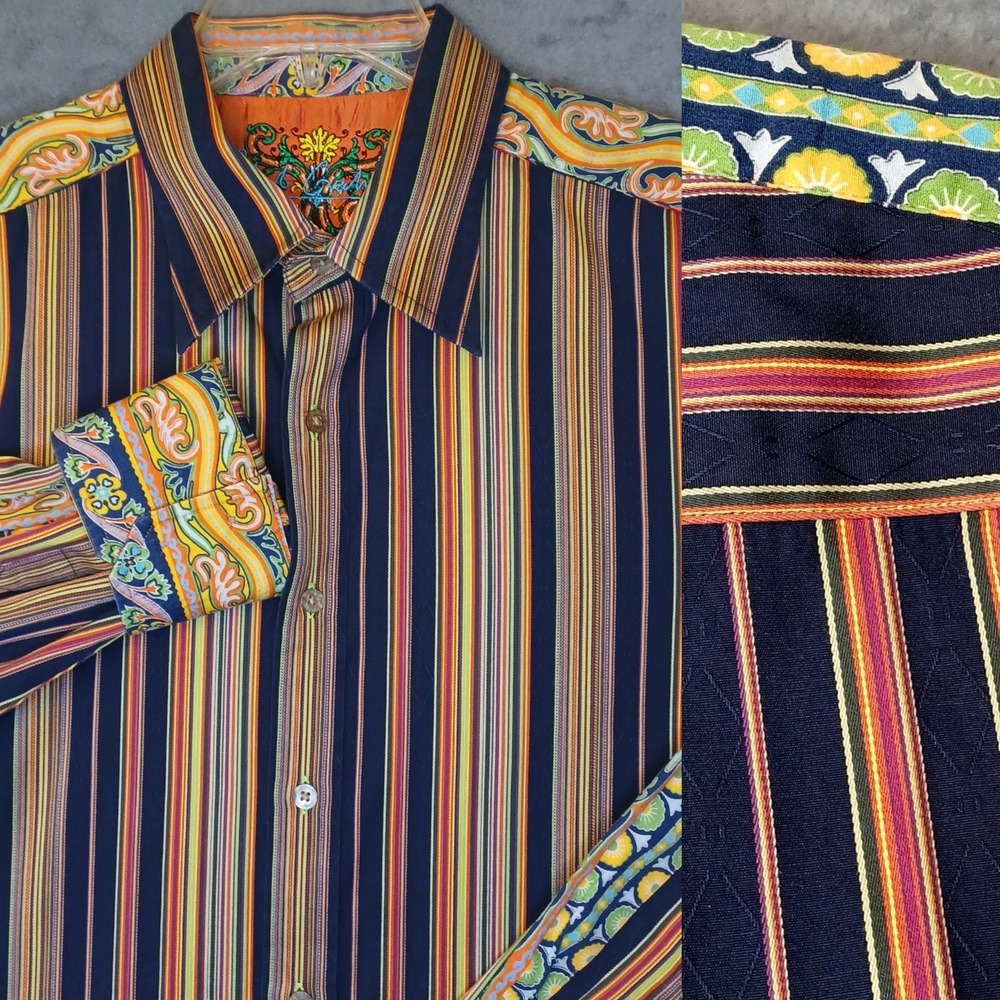 Robert Graham Shirt Mens XL Navy Blue Intense Striped Flip Cuff